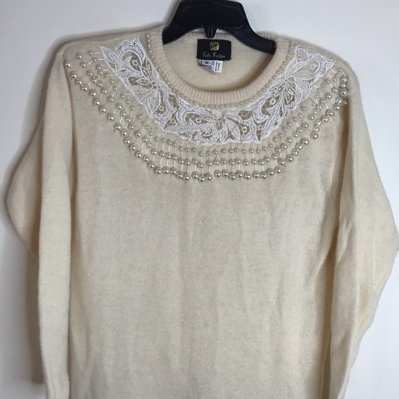 Fully fashion wool and rabbit blend pearl embellished pullover ladies sweater - Picture 2 of 12